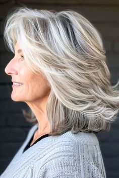 Feathered Layers Hairstyle for Women Over 40 with Thick Hair. Blonde Highlights On Grey Hair, Highlights On Grey Hair, Short Hair With Volume, Hairstyle For Women Over 40, Hair With Volume, Bob Style Haircuts, Feathered Layers, Long Shaggy