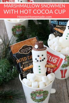 three cups with marshmallows in them and the words hot cocoa gift idea