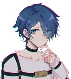 an anime character with blue hair and suspenders holding his finger up to his mouth