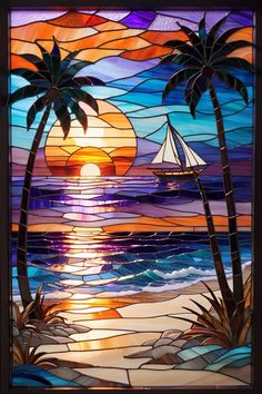 a stained glass window with two palm trees and a sailboat in the ocean at sunset