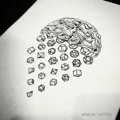 a pencil drawing of a brain with many small objects coming out of it's head