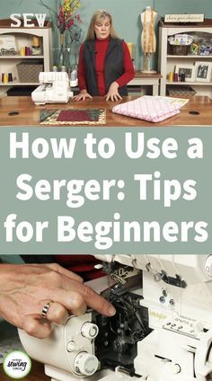 a woman is using a sewing machine with the words how to use a singer tips for beginners