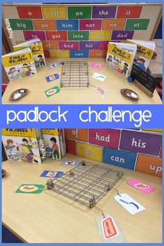 an image of a classroom desk with cards and magnets on the wall that read padlock challenge