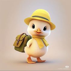 a cartoon duck wearing a yellow hat, scarf and carrying a green bag while standing in front of a gray background