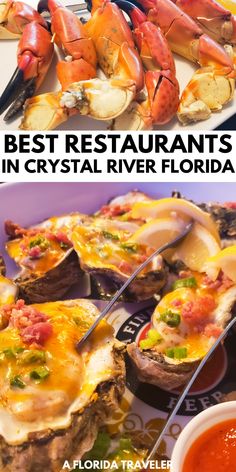 the best restaurants in crystal river florida are on this plate with lobsters and clams