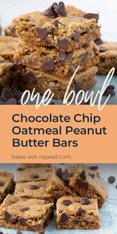 chocolate chip oatmeal peanut butter bars are stacked on top of each other