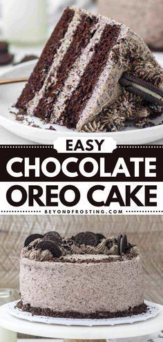 easy chocolate oreo cake on a plate with the title overlay reading easy chocolate oreo cake