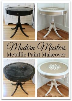 four different pictures of painted furniture with the words modern masters metallic paint makeover on them