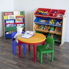 two children's tables and chairs in a playroom with toys on the shelves