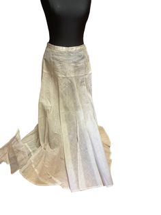 "This is a gauze petticoat up for review.  The skirt features a 1\" waist band; the panel is 6\" from the waistband; the skirt is 30\" long; the bottom is almost 120\" around; the skirt fastens at the side with a single hook and eye." Fitted Linen Wrap Skirt With Lining, Stretch Full Skirt Petticoat With Ruffled Detail, Stretch Full Petticoat With Ruffled Skirt, Fitted Full-length Gathered Bottoms, Fitted Full-length Gathered Skirt, Spring Long Skirt Petticoat With Attached Cancan, Long Flowy Tulle Petticoat, Fitted Flared Linen Skirt, Fitted Linen Flared Skirt