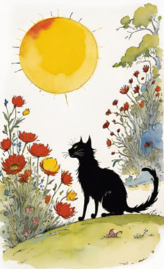 a black cat sitting on top of a grass covered hill next to flowers and trees