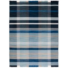 a blue and gray plaid rug with fringes