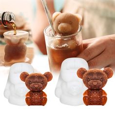 two teddy bears sitting next to each other in front of a cup with ice and syrup