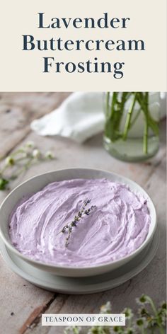 lavender buttercream frosting in a white bowl