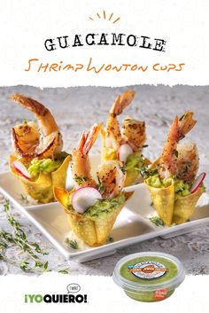 shrimp wonton cups with guacamole on the side and garnish