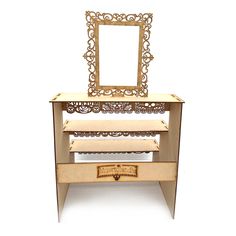 an ornate wooden shelf with a mirror on it's top and drawers underneath the shelf