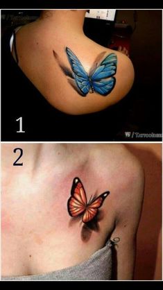 three different pictures of the same woman's chest with butterflies on her chest and shoulder