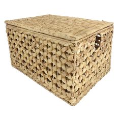 a large wicker basket is shown with the lid open to show it's woven material