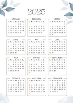 a calendar for the new year is shown with leaves on white and blue watercolor background