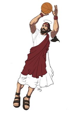 a drawing of a man holding a basketball in his hand and wearing sandals on the other side