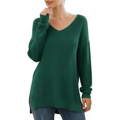 JWD Women's V-Neck Long Sleeve Side Split Loose Casual Knit Pullover Sweater Blouse Size: 2XL.  Color: Green.  Gender: female.  Age Group: adult. Casual Green V-neck Knit Top, Oversized Green V-neck Sweater, Stretch V-neck Sweater For Layering, Green Knit V-neck Sweater, Green Soft Knit V-neck Top, Green V-neck Soft Knit Top, Solid Color Knit V-neck Sweater, Green V-neck Sweater For Fall, Green V-neck Knit Top For Winter