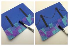 two pictures of blue and purple paper with black letters on them, one has a pen in it