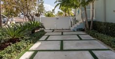 the walkway is lined with artificial grass and palm trees in front of an apartment building