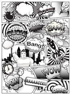 an abstract comic book cover with black and white comics on the page, which includes speech bubbles