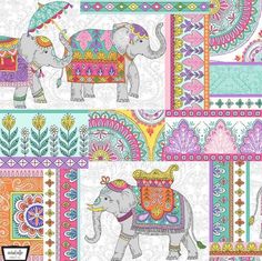 an elephant is depicted on a multicolored background with ornate designs and paisley patterns