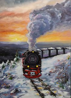 Train Oil Painting, Train Acrylic Painting, Train Painting Acrylic, Christmas Train Painting, Painting Ideas Winter, Art Class Ideas, Winter Drawing Ideas, Train Painting, Train Artwork