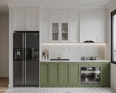 a kitchen with green and white cabinets, tile flooring and a black refrigerator freezer