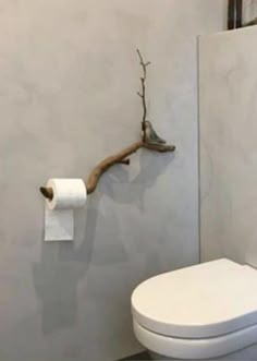 a white toilet sitting in a bathroom next to a wall mounted towel rack with a branch on it