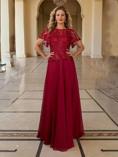 Burgundy Burgundy Bridesmaid Dresses Lace, Mother Of The Bride Looks, Mother Of The Bride Outfit, Burgundy Bridesmaid Dresses, Flare Sleeves, Lace Chiffon, Burgundy Lace, Lace Neckline, Mother Of The Bride Dress