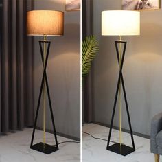 two pictures of a floor lamp with one light turned on and the other turned off