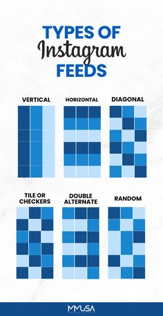 the types of instagramm feeds in different colors and sizes, including blue squares