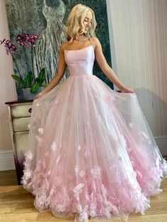 A-Line/Princess V-neck Sleeveless Sweep/Brush Train Ruffles Tulle Dresses at Hebeos Pink Tulle Evening Dress, 3d Applique, Pink Spaghetti, Prom Dresses Long Pink, Prom Dresses Elegant, Maxi Dress Wedding Guest, Pink Evening Dress, Spaghetti Strap Prom Dress, 파티 드레스