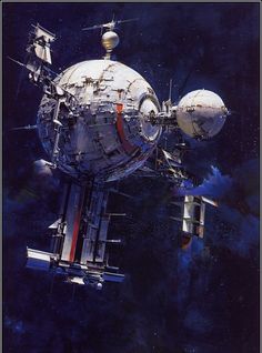 an artist's rendering of a space station in the outer planets, with two satellites attached to it