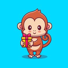 a cartoon monkey holding a gift box with a smile on it's face and eyes