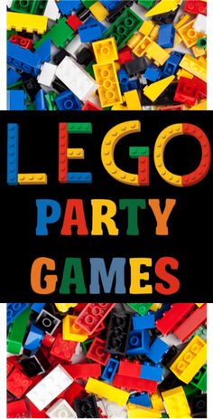 lego party games with the words lego party games in black and yellow letters on top