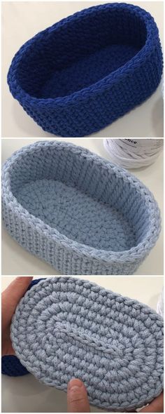 the crocheted basket is being made with yarn