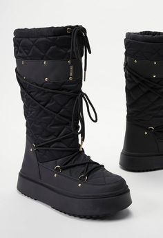 Material: Nylon Platform Height: 2.0" Shaft Height: 12.0" Closure: Adjustable Laces Imported Black Female Fashion, Pink Chalk, Fashion Shoes Boots, Cold Weather Boots, Black Caviar, Shoe Dazzle, Female Fashion, Wedge Boots, Alternative Fashion