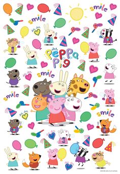 pepo and friends birthday party poster with balloons, hats, and other items in the background