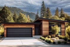 a modern house in the middle of a wooded area with mountains and trees behind it