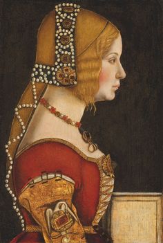 a painting of a woman in red and gold