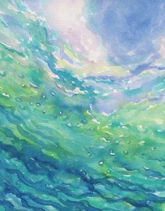 an abstract painting of blue and green water with waves coming up from the ocean floor