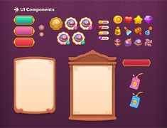 a set of different items for the game, including buttons and labels on purple background