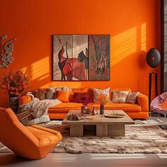 an orange living room with modern furniture and art work on the wall, along with rugs