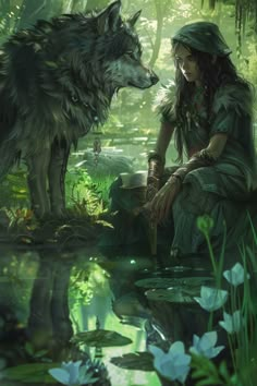 a woman sitting next to a wolf in the forest