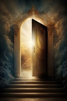 an open door leading to heaven with clouds and light coming in from the doorway that leads into it