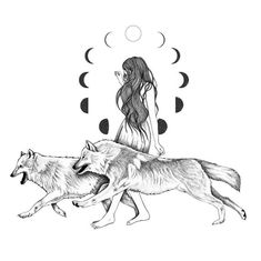 a girl and two wolfs walking in front of the moon with their backs to each other